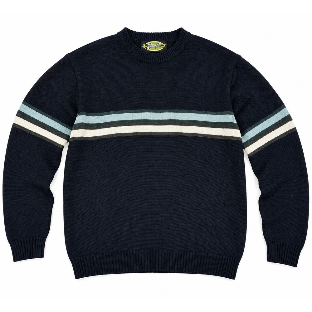 Vintage White Out Sweater Men's Medium Navy Blue Striped 100% Acrylic Korea